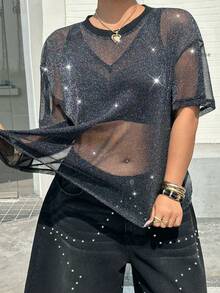 Muchica 大码女式休闲圆领短袖日常上衣 - 黑色 - 查看 1