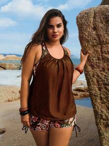 Swim Lushoire Set Bikini Liburan Pantai Motif Retro untuk Wanita Ukuran Besar - Coffee Brown - View 1