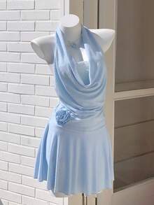 Comfortcana Women's Baby Blue Plunging Neck Contrast Lace Mini Dress,Summer Elegant Tea Party Wedding Guest Gown,Special Occasion Graduation Vacation Outfits - Blue - View 3
