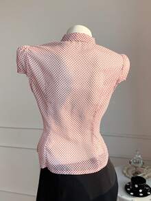 Comfortcana Women's Elegant Pink Polka Dot Tie Neck Cap Sleeve Blouse,Summer Tea Party Casual Top,Holiday Y2k Work Outfits,Country Style Button Front Shirt - Pink - View 2