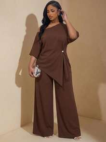 Chikora 大码女式纯色不对称下摆上衣和阔腿裤两件套 - 咖啡棕 - 查看 9