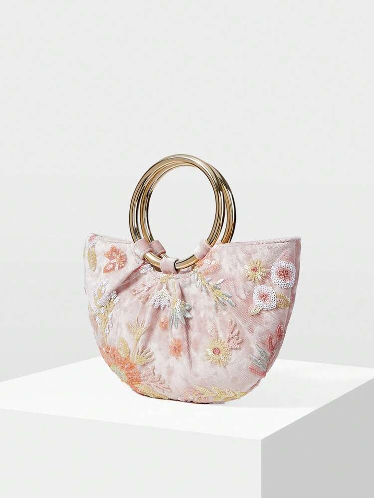 WOMEN'S HANDBAG, EXQUISITE EMBROIDERED BEADED SEMI-ROUND TOTE BAG