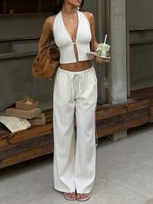 FavEase 女士休闲露背深V领吊带上衣和低腰系带直筒裤两件套 - 杏色 - 查看 5