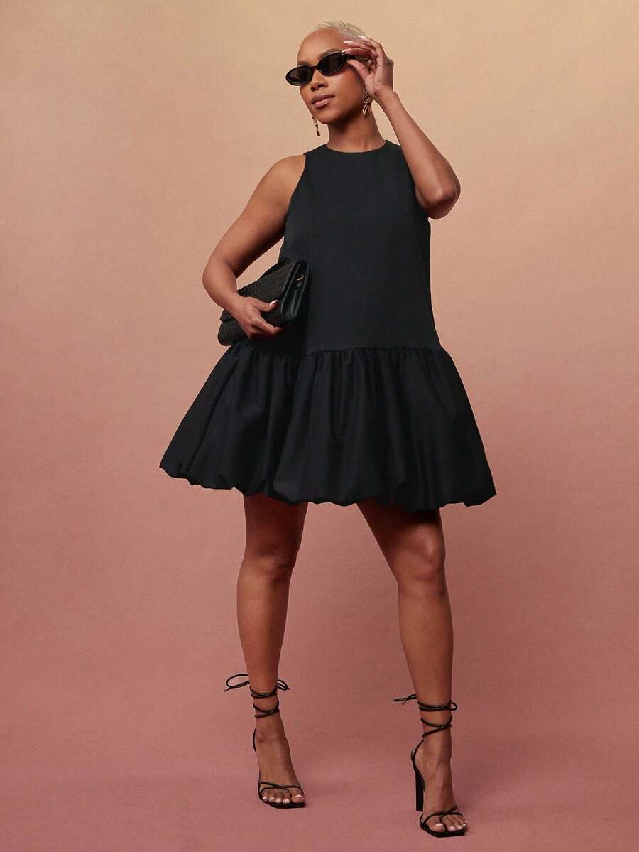 Vixey 纯色梭织泡泡下摆无袖短裙 - 黑色 - 查看 1