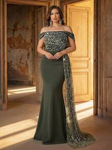 Aureia 加大码优雅浪漫橄榄绿网纱亮片鱼骨装饰超大A字裙，适合婚礼、派对、庆典、正式活动、宴会等场合穿着。 - 橄欖綠 - 查看 6