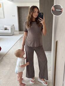 SHEIN 2pcs Maternity Striped Round Neck Short Sleeve Top And Pants Set - Brown - View 4