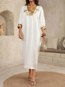 Franclia Vestido longo feminino estilo Oriente Médio, solto, com bordado em cores contrastantes, para primavera/verão. - Branco - Ver 7