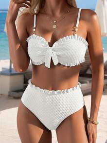 Swim Lushoire 两件套女士夏季沙滩度假纯色提花波点吊带珍珠纽扣黑色蕾丝边上衣和高腰黑色蕾丝边比基尼套装荷叶边比基尼套装高腰泳衣套装女士两件套泳衣沙滩两件套贝壳比基尼女士两件套泳衣女士泳衣两件套女士夏季套装两件套女士度假套装女士夏季套装 - 白色 - 查看 4