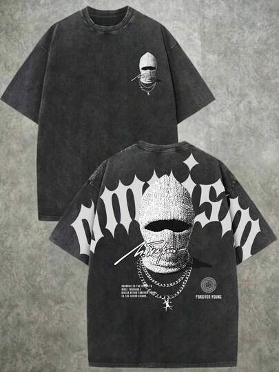 Camiseta gráfica con letra y retrato Bolty para adolescentes varones, estilo callejero de cuello redondo y manga corta, adecuada para fiesta, vuelta al colegio, evento formal, uso diario, colegio, viaje, deportes, primavera/verano/otoño