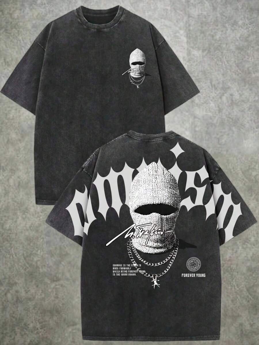 青少年男童字母人像图案T恤，街头风圆领短袖T恤，适合派对、返校、正式场合、日常穿着、学校、旅行、运动，春夏秋季皆宜。