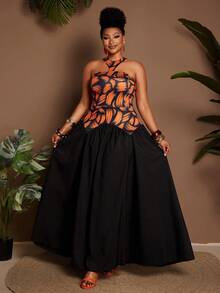 Maweii Women's Plus Size Black Summer Boho Formal Evening Vacation Holiday Floral Print Halter Neck Maxi Dress,Elegant Spaghetti Strap A-Line Resort Wear - Multicolor - View 2