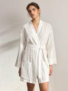 Ocili Women's Solid Color Robe With Belt, Sleepwear - White - View 4