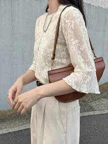 FRIFUL Women's Round Neck Lace Fabric Fitted Flare Sleeve Solid Color Casual T-Shirt Summer - Beige - View 3