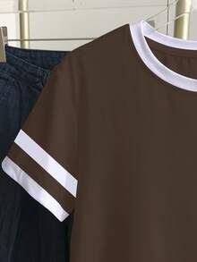 Resyla Camiseta de manga corta con cuello redondo y bloques de color para mujer de talla grande - Marrón - Ver 4