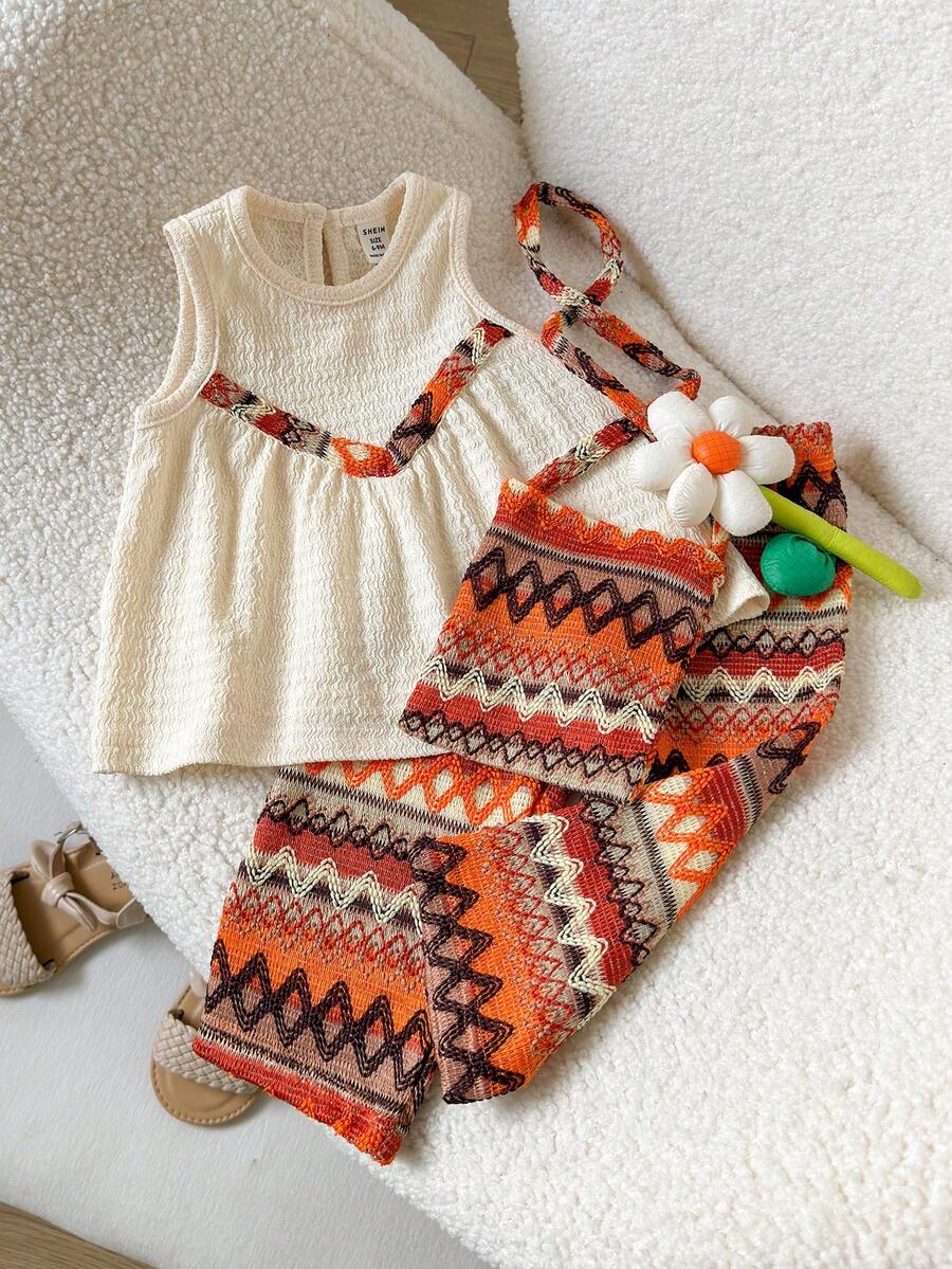 Playful Pals 两件套女童圆领无袖上衣+松紧腰阔腿裤+斜挎包，休闲可爱套装，适合夏季日常穿着 - 杏色 - 查看 1