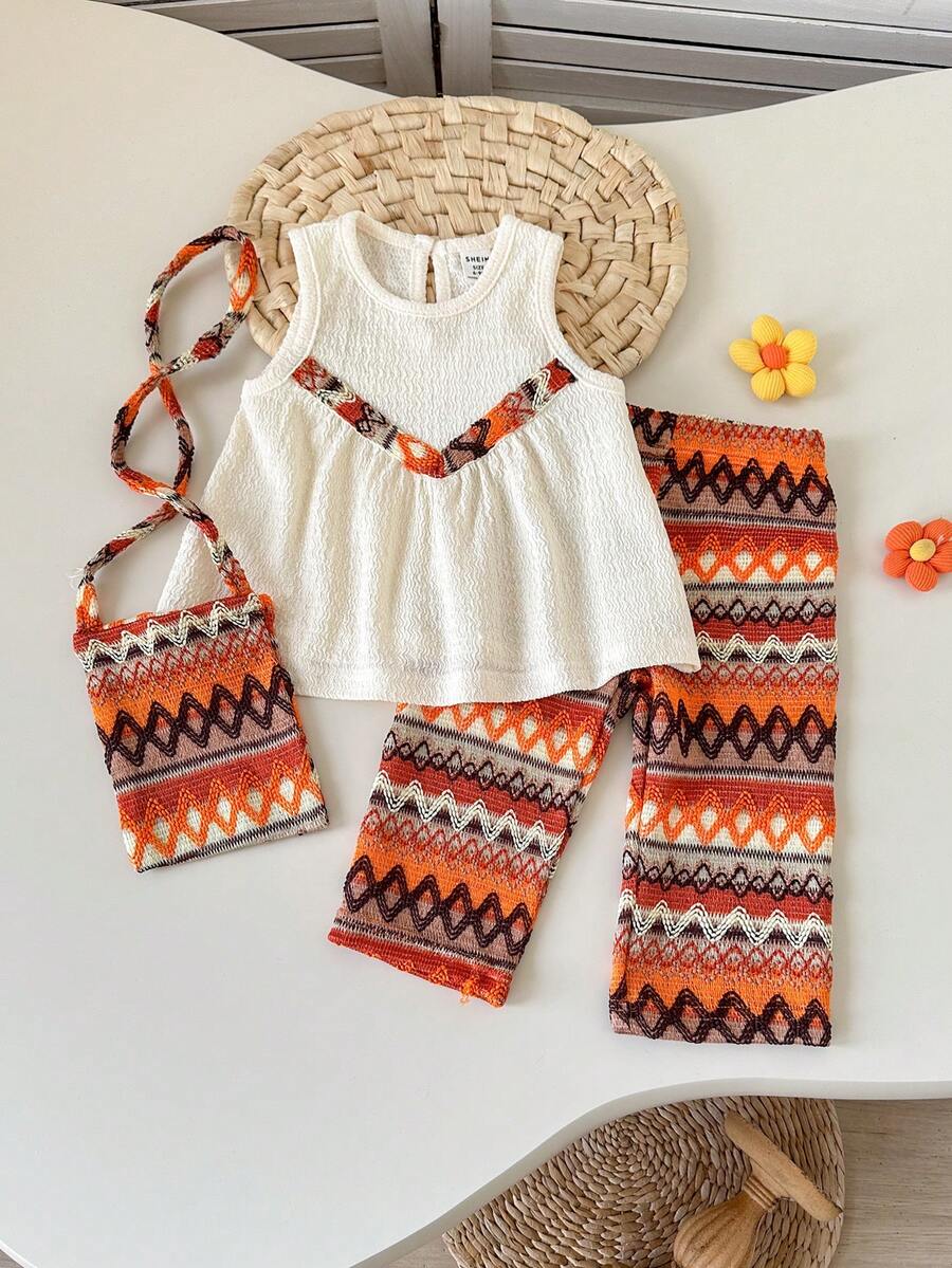 Playful Pals 两件套女童圆领无袖上衣+松紧腰阔腿裤+斜挎包，休闲可爱套装，适合夏季日常穿着 - 杏色 - 查看 1