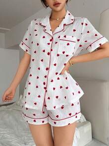 SHEIN 女士100%纯棉提花短袖短裤睡衣套装，心形印花，夏季睡衣 - 白色 - 查看 5