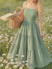 Emery Rose Kids Emery Rose Kids 少女度假休闲春夏纯色荷叶边蝴蝶结连衣裙，绿色，波西米亚风，适合海滩、海滨度假、母女装 - 綠色 - 查看 2