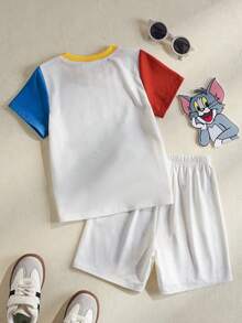 TOM & JERRY X SHEIN Bộ áo thun và quần short in họa tiết tối giản cho bé trai. - trắng - Xem 3