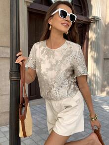 SHEIN Clasi Blusa de encaje de lujo y delicada para mujer, elegante para fiestas, salidas y temporada de bodas, primavera/verano - Gris - Ver 8