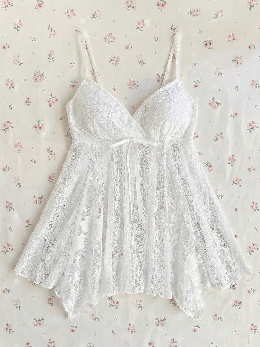 SHEIN Sweetro 女士甜美性感风白色蕾丝拼接吊带背心,不对称下摆,春夏款 - 白色 - 查看 1