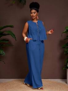 Veslaya 大码女式纯色系带上衣和阔腿裤休闲日常套装 - 霧霾藍 - 查看 4