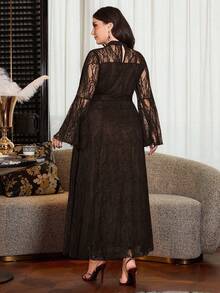 Modelyn Elegant Solid Color Lace Long Sleeve Cinched Waist A-Line Plus Size Dress, Suitable For Spring And Summer Fall - Coffee Brown - View 2