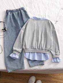 SHEIN 2pcs/Set Girls' Casual Striped Patchwork Lapel Fresh Commuting Style Denim Pants Outfit, Suitable For Outdoor And Daily Wear - Grey - View 2