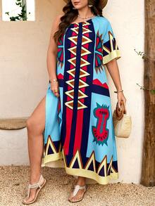 Breezaya Đầm dài dáng rộng in họa tiết hình học, xẻ tà bất đối xứng, cỡ lớn dành cho nữ, thích hợp cho kỳ nghỉ xuân/hè và các hoạt động ngoài trời trên bãi biển. - Nhiều màu - Xem 1