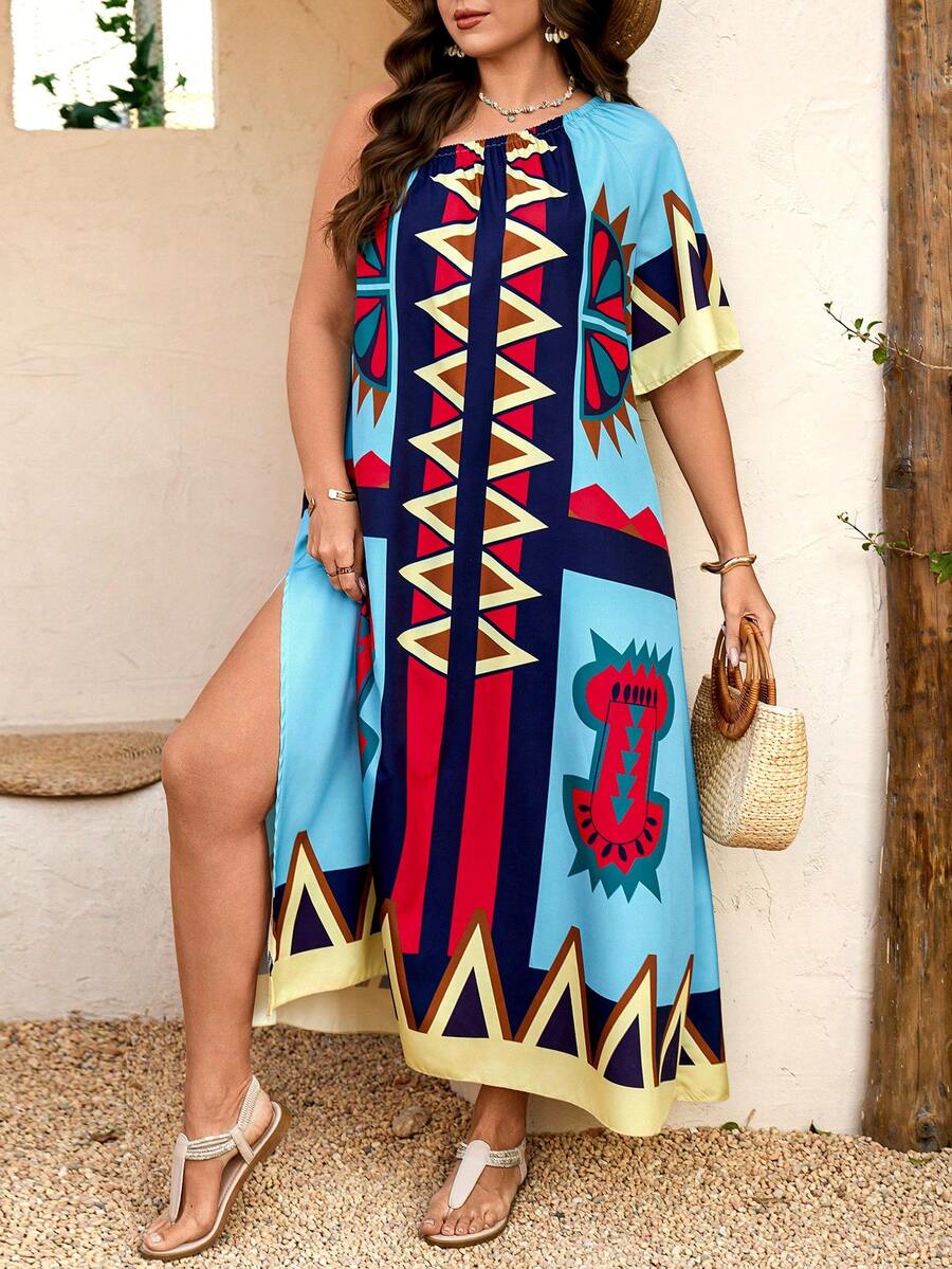 Breezaya Đầm dài dáng rộng in họa tiết hình học, xẻ tà bất đối xứng, cỡ lớn dành cho nữ, thích hợp cho kỳ nghỉ xuân/hè và các hoạt động ngoài trời trên bãi biển. - Nhiều màu - Xem 1