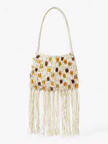 Viva Strut 女士单肩包、流浪包、钩针编织包，饰有流苏和串珠，时尚、优雅、简约、个性化、百搭，适合海滩、度假、假日、夏季、海边、沙滩派对等场合 - 米白色 - 查看 1