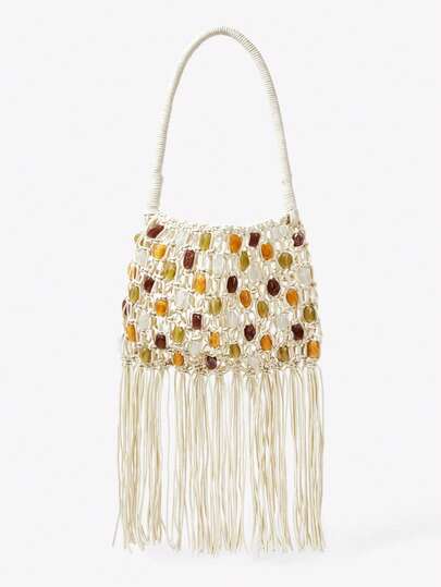 Viva Strut 女士单肩包、流浪包、钩针编织包，饰有流苏和串珠，时尚、优雅、简约、个性化、百搭，适合海滩、度假、假日、夏季、海边、沙滩派对等场合