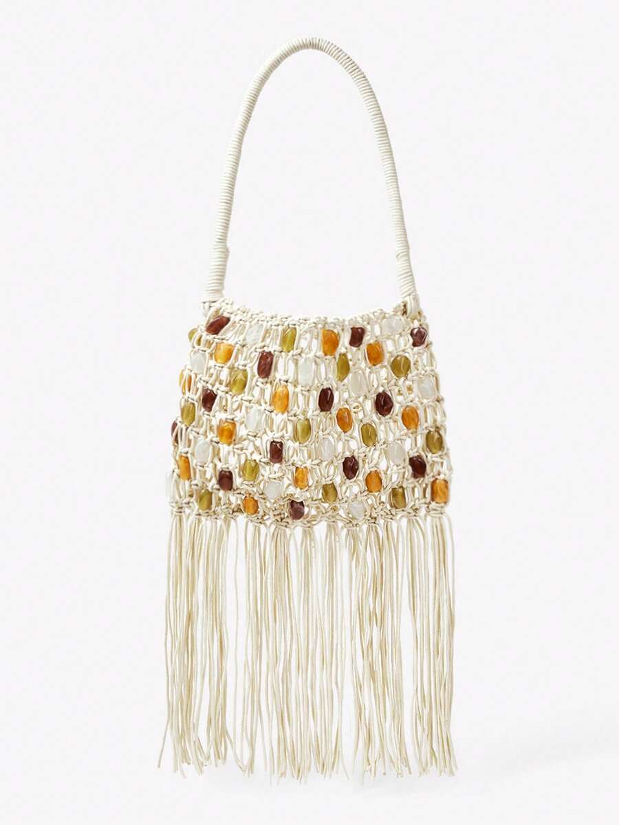 Viva Strut 女士单肩包、流浪包、钩针编织包，饰有流苏和串珠，时尚、优雅、简约、个性化、百搭，适合海滩、度假、假日、夏季、海边、沙滩派对等场合 - 米白色 - 查看 1