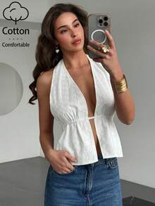 Aloruh Women's Casual Vacation Eyelet Embroidery Blouse, Beach, Vacation Top, Summer Top/Sexy Backless Strap Tank Top - White - View 1