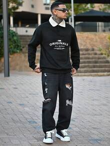 Devon Thys 新款男士拼接羊羔绒领卫衣，时尚休闲，秋冬长袖上衣 - 黑色 - 查看 1