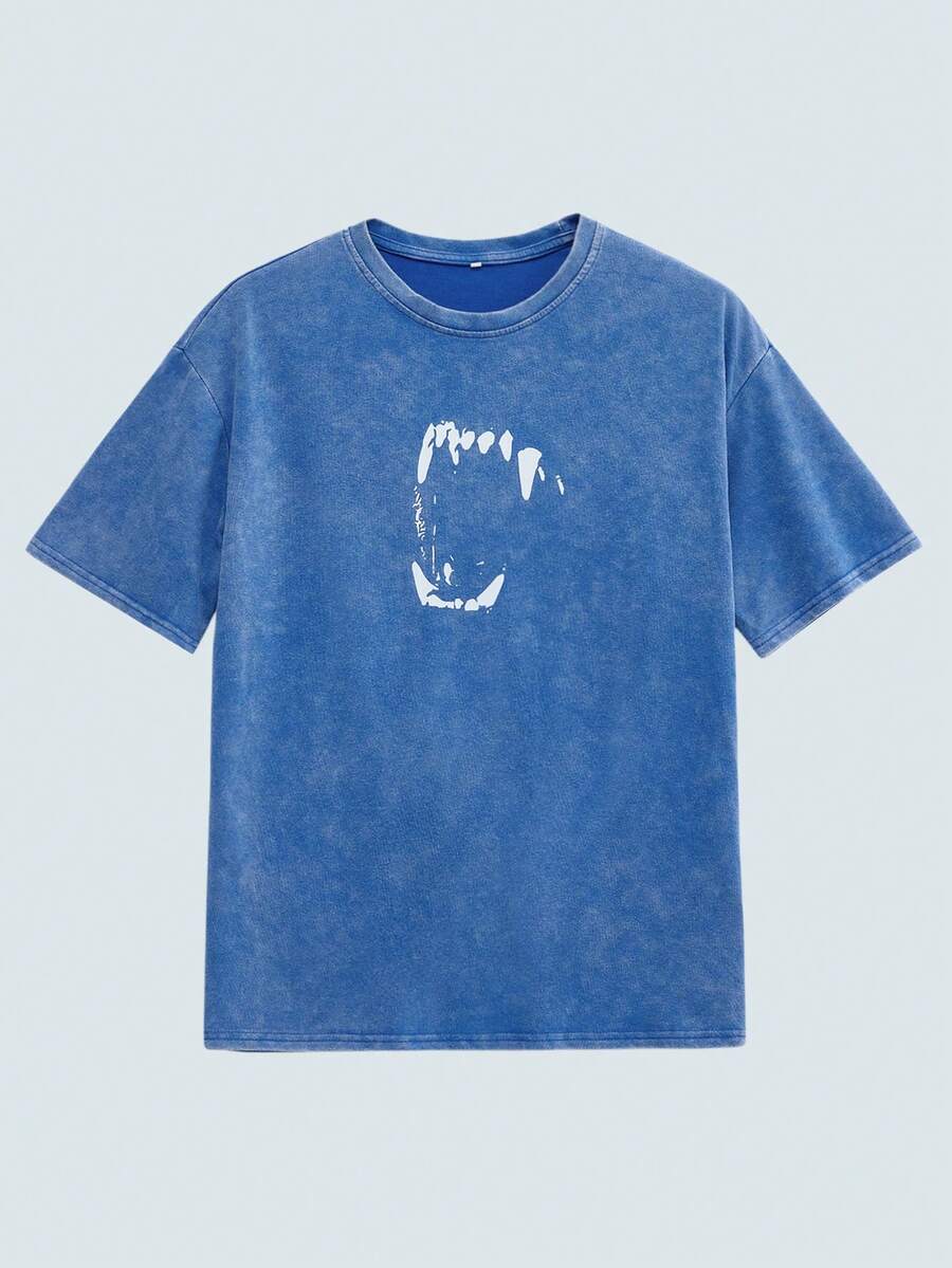 Modcrash Men's Casual Dropped Shoulder T-Shirt With Funny Lip Print, Summer - Royal Blue - View 1
