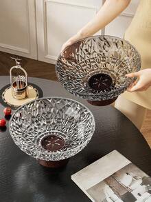 Large Capacity Fruit Plate, Living Room Party Candy Dish, Dessert Plate, Snack Plate, Reusable Faux Wood Grain Base, Drain Hole, Shockproof - Transparent White With Wood Grain Base - View 4