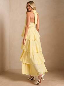 Enchnt Vestido de mujer con cuello en V, estilo halter, lazo y dobladillo con volantes, para vacaciones - Amarillo - Ver 7