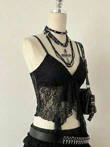 Attitoon 女士休闲性感蕾丝吊带背心，女士日常穿搭，Y2K风格 - 黑色 - 查看 5