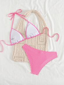 Swim Mod Bộ bikini tam giác cổ yếm in họa tiết chấm bi màu hồng cho nữ, mùa hè - Màu Hồng baby - Xem 2