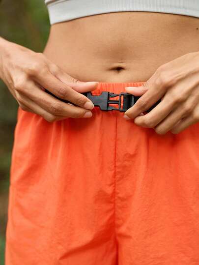 SHEIN In My Nature Women's New Patchwork Contrast Color Pocket Adjustable Elastic Waist Orange Sports Shorts