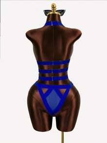 鏤空吊脖鋼圈吊帶襪內衣套裝 - 寶藍色 - 查看 2