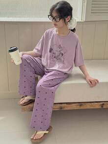 Dazy Kids 少女圆领印花短袖T恤+长裤家居服套装，春夏款 - 紫色 - 查看 6