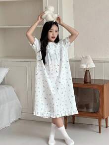 DAZY Tween Girls Soft & Comfortable Printed Ruffle Collar Long Sleeve Dress, Casual Loungewear - White - View 4