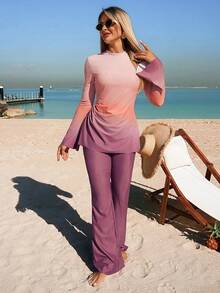 Swim Shayni 2022夏季度假沙滩简约紫色渐变长袖喇叭裤布基尼套装（女士款） - 彩色 - 查看 3