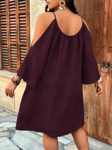 Weeklong Plus Size Round Neck Ruched Pleated Split Flare 3/4 Sleeve Casual A-Line Dress - Redwood - View 2