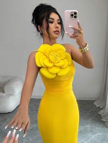 Rafferiza Women's Oblique Shoulder Ruched Fitted Bodycon Elegant Dress Women Party Dress Women Elegant Outfits Beautiful Dresses For Woman Latest Dress - Yellow - View 5