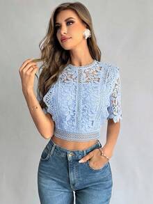 Women's Lace See-Through Camisole Shirt For Summer,Summer Top - Baby Blue - View 3