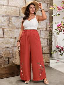 EMERY ROSE Plus Size Women's Woven Regular Spring/Summer Casual Comfortable Minimalist Embroidered Hem Side Button Rust Brown Wide Leg Pants - Rust Brown - View 4