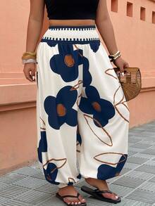 SHEIN PETITE CURVE Plus Size Women's Elastic Waist Lantern Pants, Casual Holiday Trousers, Fashionable Floral Print, Suitable For Summer Wear - Multicolor - View 5